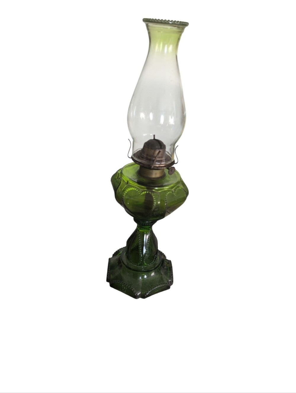 FINDLEY QUEEN HEART Beaded Oil Lamp Green Glass 17” P&A Eagle Circa 1890s